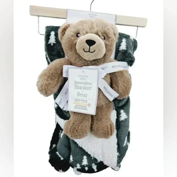 Modern Baby Gift Set Reversible Tree Printed Sherpa Blanket And Bear - Picture 1 of 6